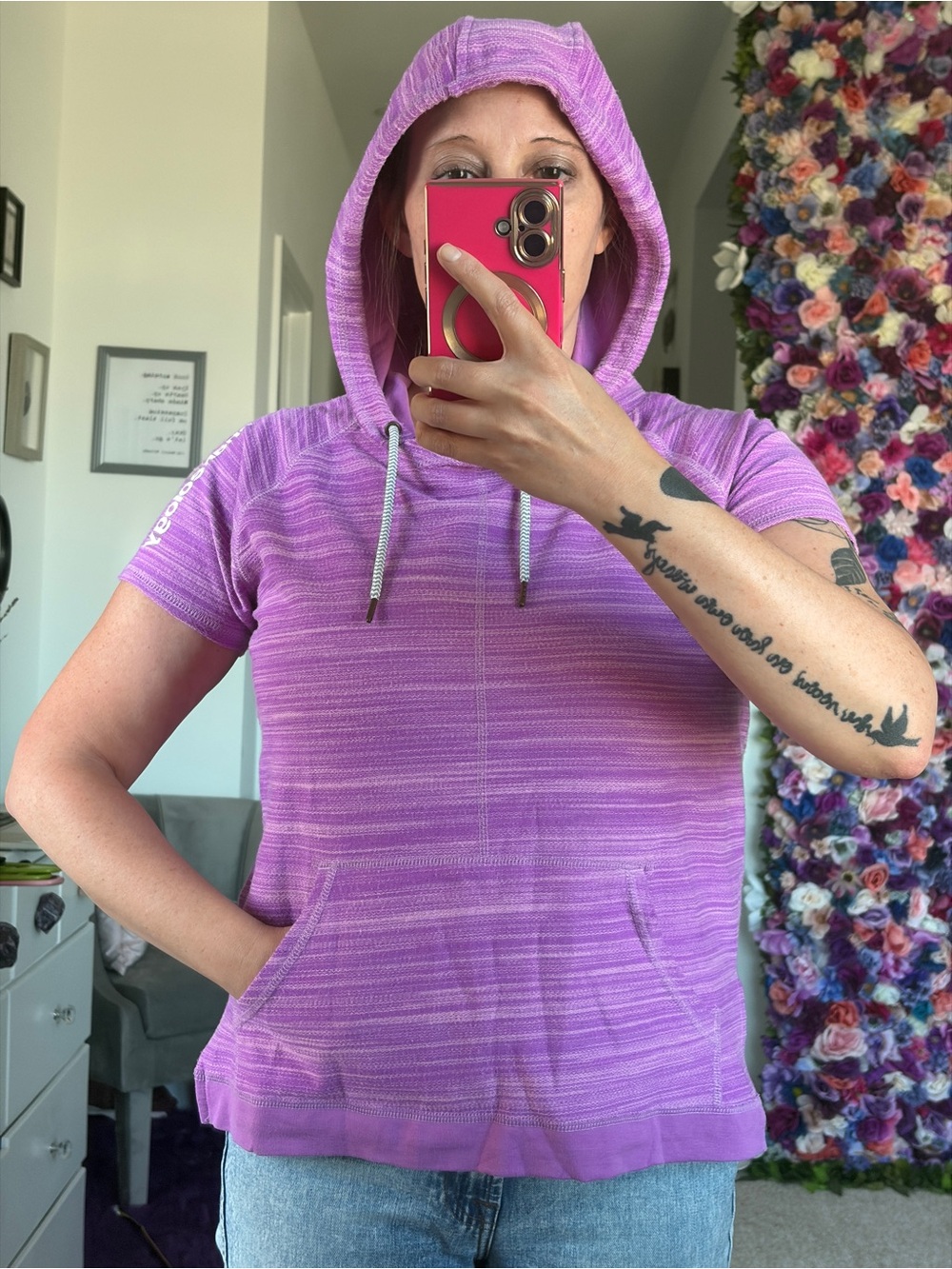 Beachbody Short-Sleeve Hooded Pullover in Lavender Stripe
